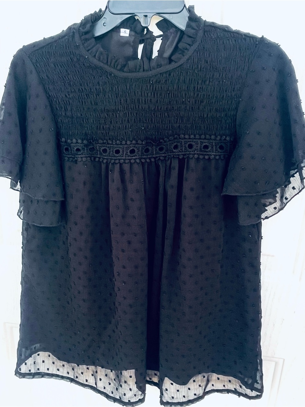Black Blouse Top Ethereal Goth Whimsical Swiss Dot Flutter Sleeve Sz S